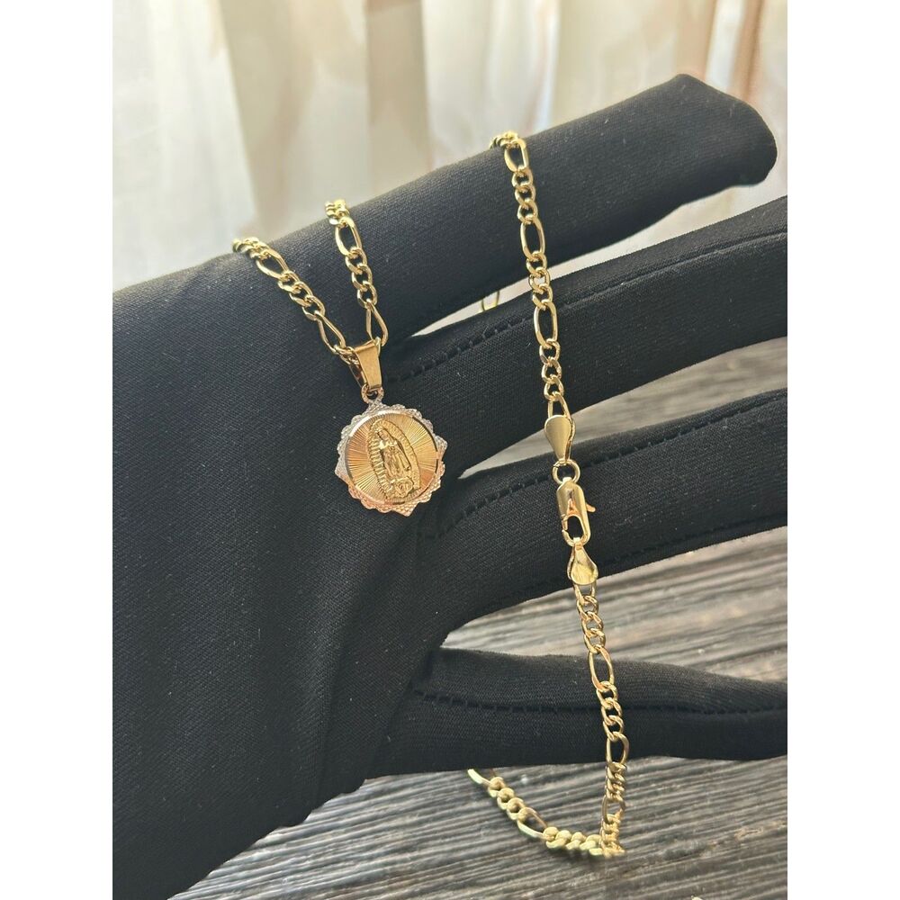 New Religious Virgen de Guadalupe Medallion Figaro Chain Quality Laminated Gold